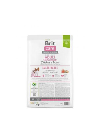 Сухой корм Dog Sustainable Adult Small Breed для собак малых пород, с курицей и насекомыми, 3 кг Brit Care (322874641)