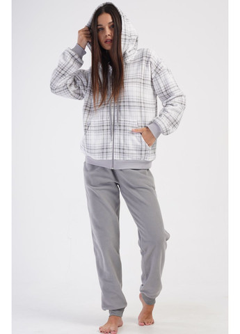 Светло-серая зимняя костюм флисовый женский (кофта с капюшоном на молнии, брюки) в клетку кофта + брюки Vienetta