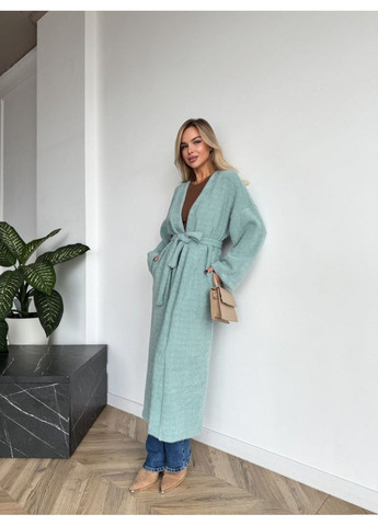 Мятный женский женский длинный кардиган с поясом и карманами мятного цвета 35244 Fashion однотонный - демисезонный