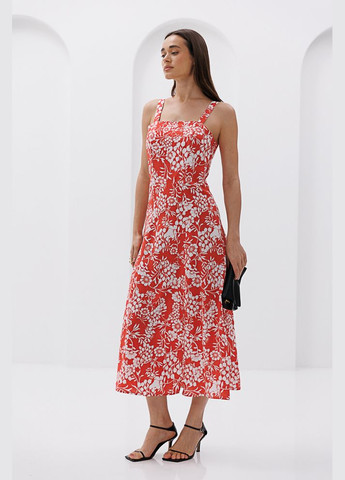 Коралловое женское летнее платье миди с цветочными узорами и разрезом Arjen