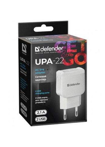 Зарядний пристрій UPA22 white, 2xUSB, 2.1A (83580) Defender upa-22 white, 2xusb, 2.1a (268145678)