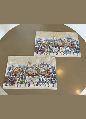 Новорічні серветки під тарілки, гобеленові підтарільники з люрексом Різдвяний ярмарок набір з 2 серветок. Maystat (305411996)