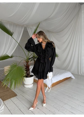 Черное женское шифоновое платье мини черного цвета 29557 клеш Fashion однотонное
