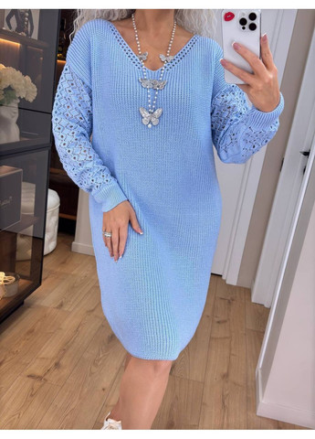 Голубое женское вязаное платье с ажурными рукавами 00400 No Brand