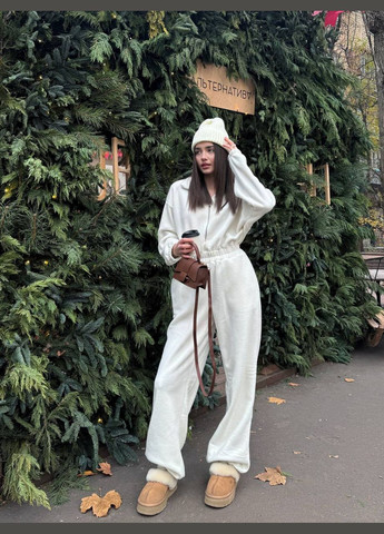 Женский комбинезон No Brand однотонный молочный спортивный, повседневный, кэжуал, денил флис