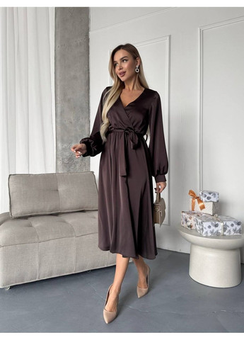 Коричнева ошатна сукня з шовку коричневого кольору 36149 кльош No Brand однотонна