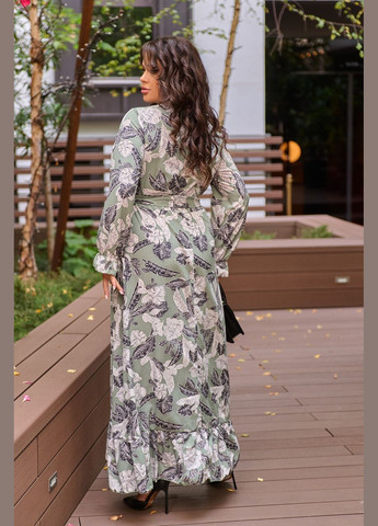 Оливкова (хакі) кежуал сукня 8636/1 у хакі кольорі з супер-м'якою тканиною (принт) та поясом: стильна, комфортна та універсальна 46 Sofia