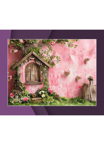 Вініловий фотофон казковий, рожева стіна з будиночком і зелений газон, фон для фото 60×90 см, №57198 PhotoVinyl (354363049)