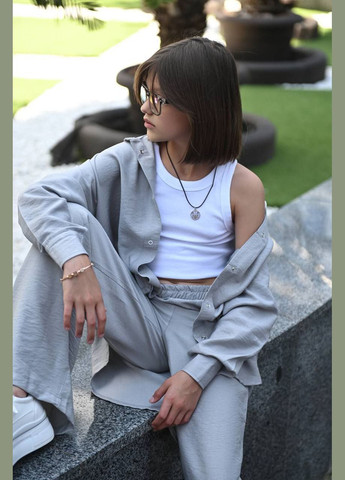 Сірий літній костюм лляний оверсайз popluzhnaya