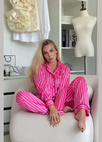 Малиновая всесезон женская шелковая пижама в полоску. рубашка + брюки Vakko