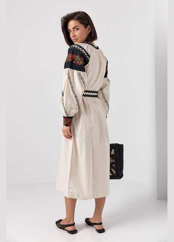 Бежева святковий жіноча сукня міді з вишитими трояндами Lurex