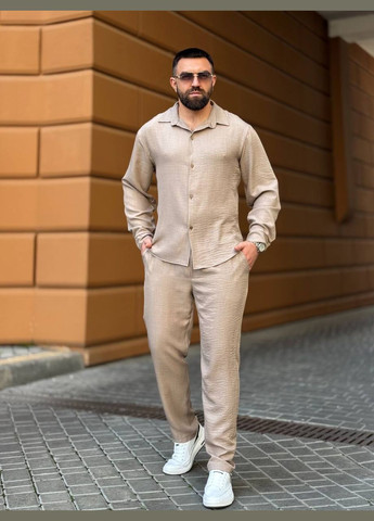 Бежевый костюм жатый лен турция брюки и рубашка No Brand