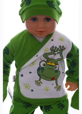 Зеленый демисезонный комплект распашонка, ползунки, нагрудник, шапочка трикотажный лягушка зеленый 56 см (36989) BABYKROHA
