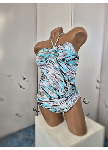 Білий літній жіночий купальник злитий абстрактний принт сірий з бірюзовим майо Debenhams