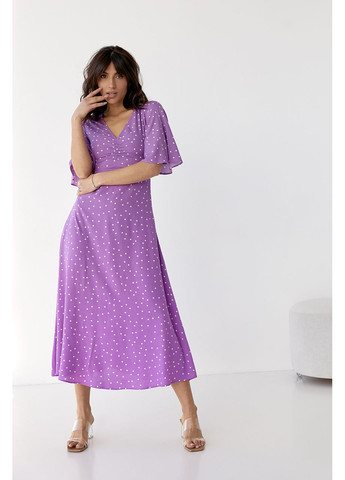 Фиолетовое повседневный, вечернее платье-миди с короткими расклешенными рукавами силуэтная Byron в горошек