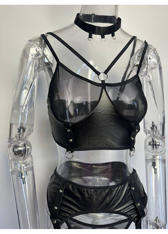 Черный демисезонный комплект женского нижнего белья соблазнительный набор бюстгальтер трусики пояс с гартерами черный 42-46 No Brand Ksenia