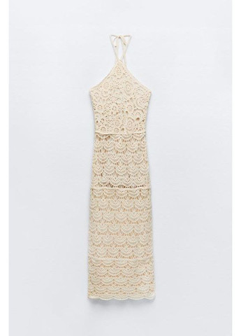 Бежевое вязаное крючком платье с воротником хальтер Zara