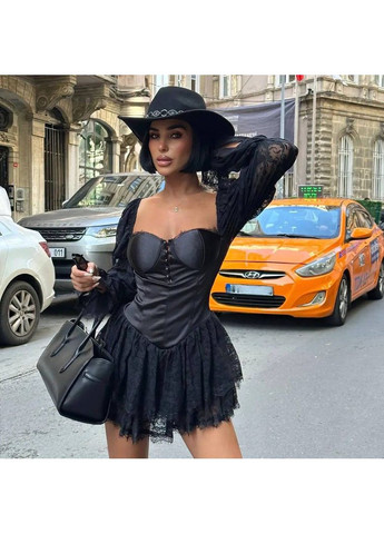 Черное праздничный, кэжуал, коктейльное, вечернее женское платье-комбинезон с кружевом с корсетом Avanti однотонное