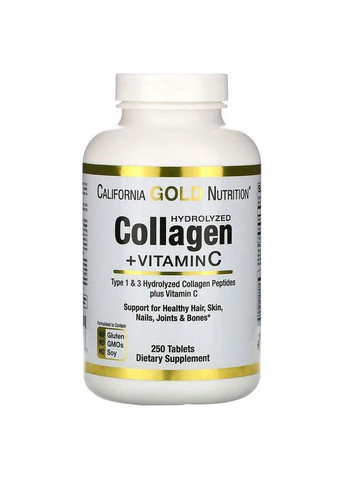 Гидролизованные пептиды коллагена тип 1 и 3 6000 мг с витамином С 250 таблеток California Gold Nutrition (264648211)