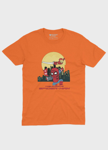 Помаранчева демісезонна футболка для хлопчика з принтом супергероя - людина-павук (ts001-1-ora-006-014-058-b) Modno