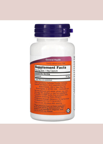 Мелатонін (Melatonin Extra Strength) 10 мг 100 вегетаріанських капсул Now Foods (361115911)