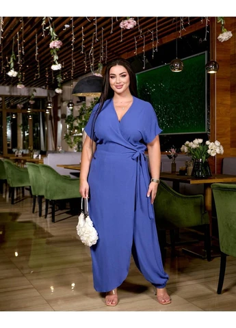Комбинезон женский нарядный Style Point комбинезон-брюки однотонный синий праздничный, повседневный, кэжуал лен