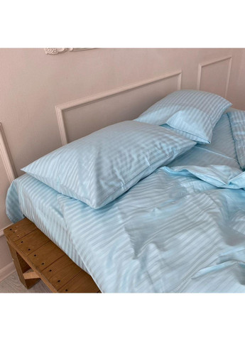 Постільна білизна з резинкою Лазурний страйп сатин PREMIUM Сімейний розмір, наволочки 70/70 No Brand (363190433)