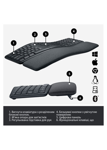 Клавіатура Logitech ergo k860 for business bluetooth/wireless ua black (268144261)