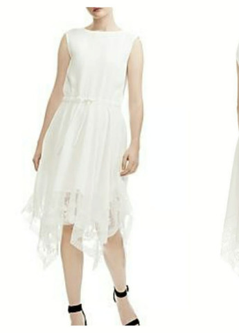 Белое праздничный, коктейльное, домашнее, пляжное, карнавальный, откровенный, повседневный, кэжуал, вечернее стильное белое платье миди с пояском с открытыми плечами, а-силуэт, с пышной юбкой, платье-майка, силуэтная Maje