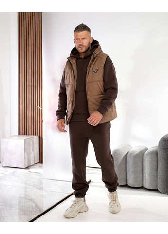 Коричневый демисезонный костюм тринитка на флисе (жилет, тощи, брюки), цвет коричневый Fashion