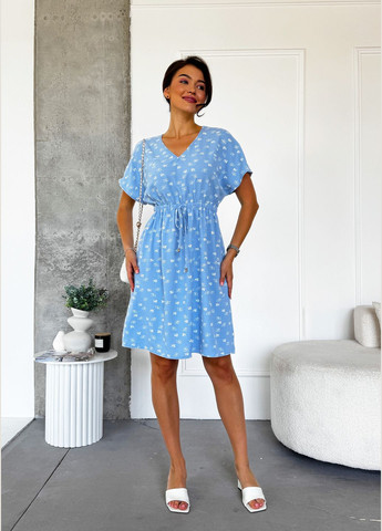 Блакитна коктейльна, повсякденний, джинсова, кежуал літня сукня з жатки з ніжним квітковим принтом INNOE з квітковим принтом