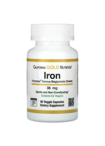 Железо бисглицинат 36 мг Iron Ferroche 90 растительных капсул California Gold Nutrition (268211850)