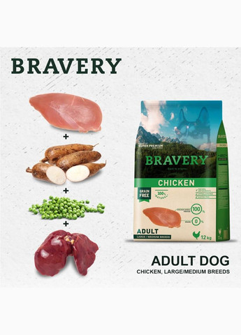 Сухой корм Chicken Adult Large/Medium для взрослых собак средних и крупных пород с курицей 12 кг (8436538946626) Bravery (316226689)