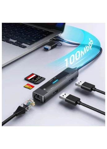 Концентратор USB-C 5-in-1 USB 3.0 + USB 2.0 + SD/TF + RJ45 100Mbps silver (XK-AC-350) XoKo (397093433)