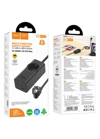 Мережевий подовжувач 1-position (PD67W/3C1A) desktop socket (EU/GER) Black (6942007638494) Hoco NS9 Wisdom (357471955)