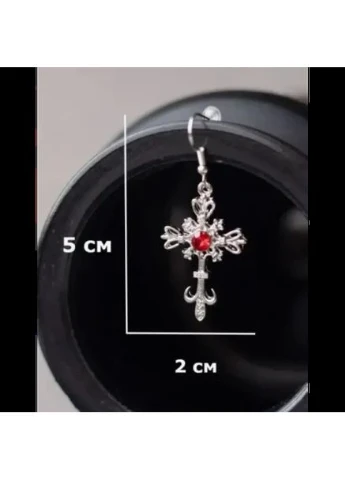 Сережки Fashion Jewerly ажурні хрести з червоним камнем у готичному стилі y2k сріблясті No Brand (388977434)