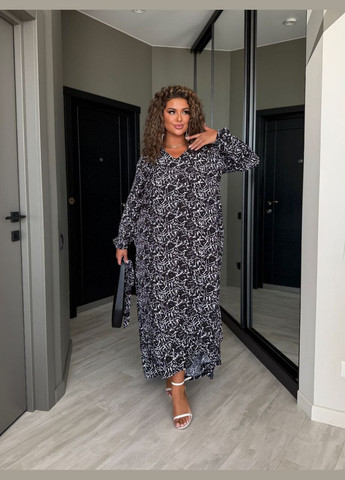 Чорна легка сукня міді чорного кольору 33799 а-силует Fashion з квітковим принтом