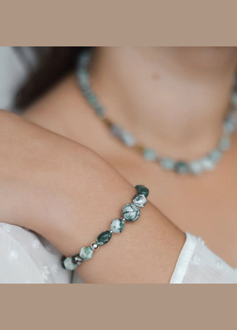 Комплект Чокер+Браслет натуральный Моховый Агат, Пренит, Опал дендрит фур-ра гип-ный сплав цвет серебро No Brand Чокер + браслет (316091292)