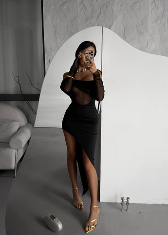 Чорна святковий сукня міді з асиметричним розрізом та сітчастими рукавами No Brand