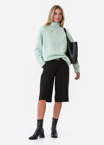 Мятный женский свободный свитер с ажурным вязанным узором. SVTR