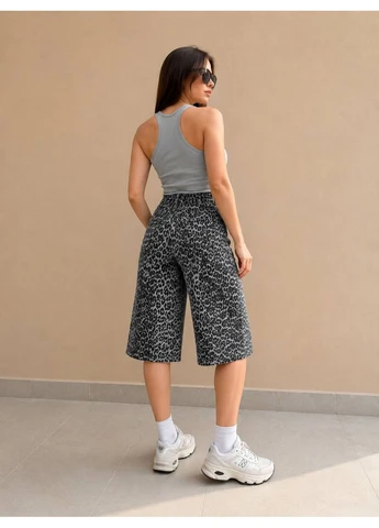 Шорты женские джинс I 8 DENIM 52100 BAGGY длинные косые карманы принт леопардовый принт I8 (304548539)