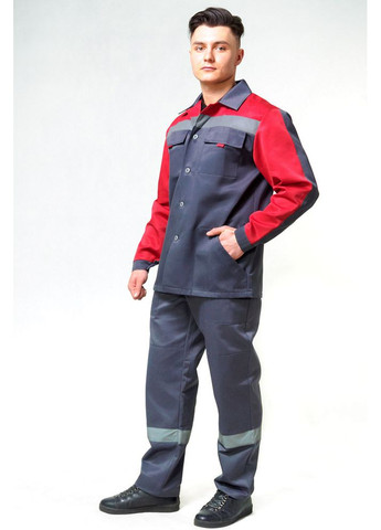 Сірий демісезонний костюм робочий дефенса з спс (куртка+напівкомбінезон), сіро/червоний 182/188см ProsPerous