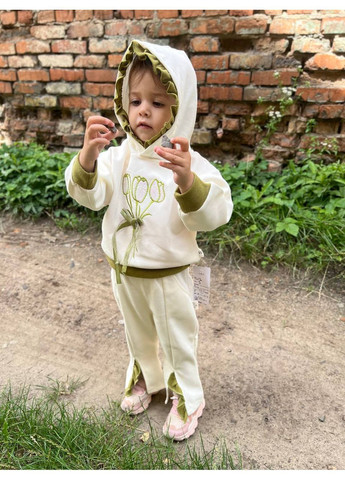 Молочний демісезонний бежевий на дівчинку з капюшоном і тюльпанами брючний No Brand костюм