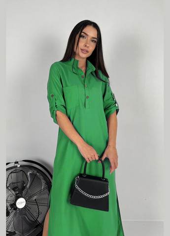 Зеленое повседневный, кэжуал стильное летнее повседневное платье из льна INNOE однотонное