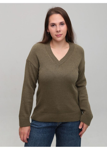 Оливковый (хаки) зимний свитер женский теплый хаки с v-образным вырезом пуловер Karon Пряма