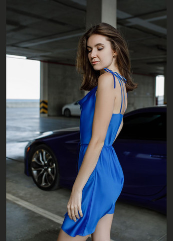 Світло-синя коктейльна шовкова сукня на зав'язках довжина міні сукня-комбінація Fayna однотонна