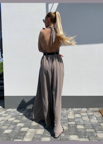 Комбинезон брючный с ремнем Україна комбинезон-брюки темно-бежевый праздничный, повседневный, кэжуал, коктейльный лен, креп