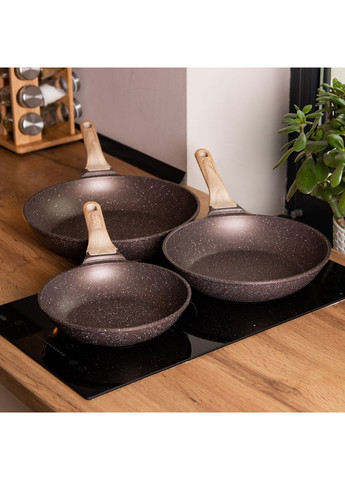 Набір сковорідок із 3 предметів із товстим дном з алюмінію кавовий HP-4-410CO (A-033025) MGC (342759123)