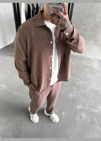 Темно-бежевый летний костюм: брюки и рубашка из легкого дышащего материала с рубашкой, брючный Україна