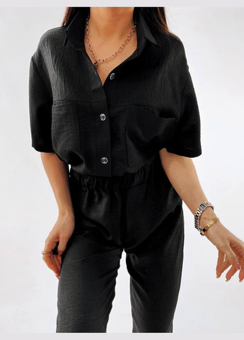 Жіночий лляний костюм сорочка та штани чорного кольору р.48/52 359207 New Trend (292260216)
